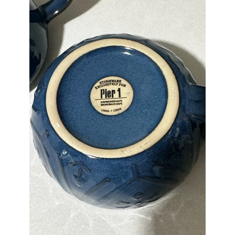 Pier 1 Blue Glazed Stoneware Teapot for One Set Cup w Lid Embossed Floral Boho